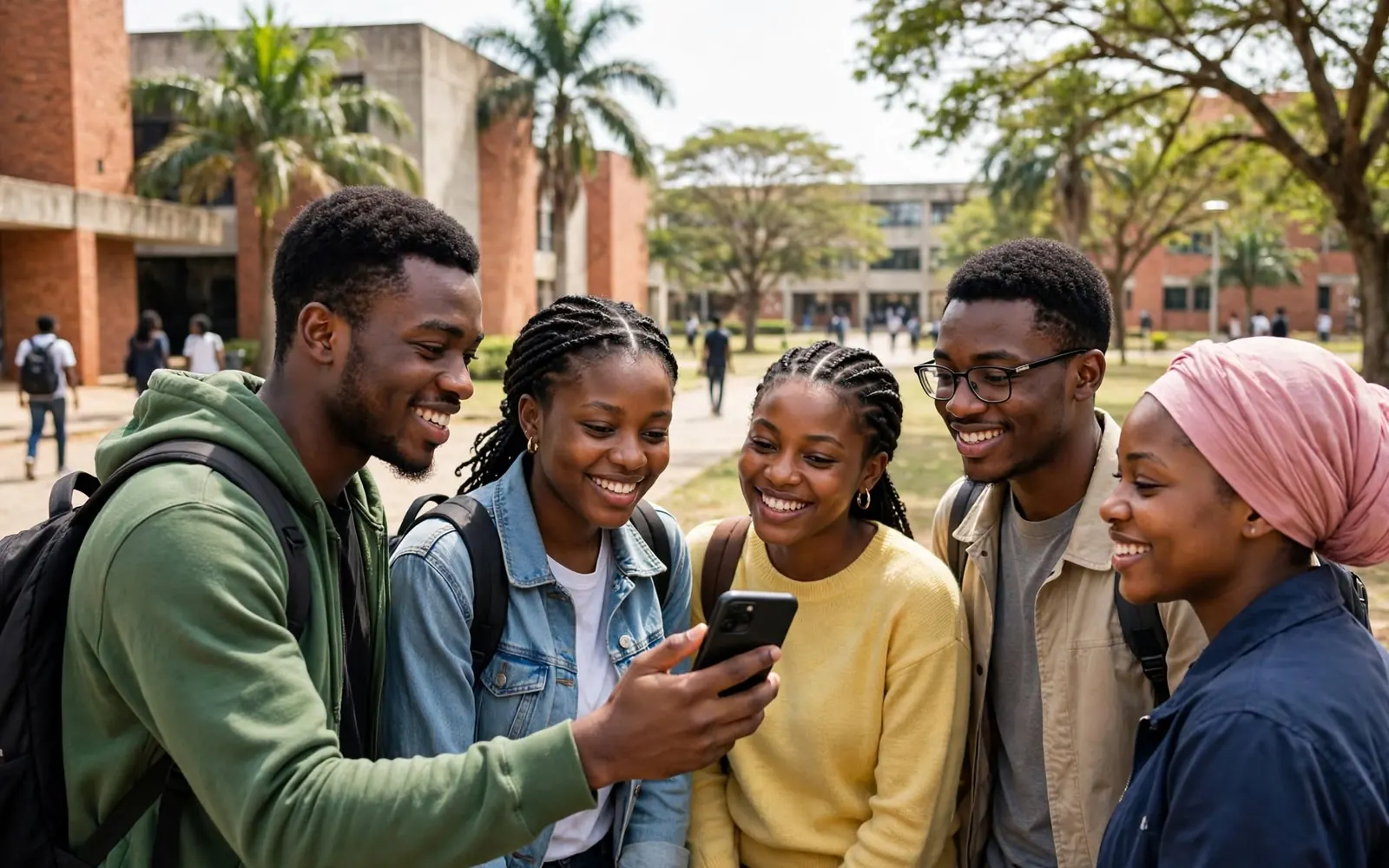 A student showing something on their phone to four smiling classmates on campus