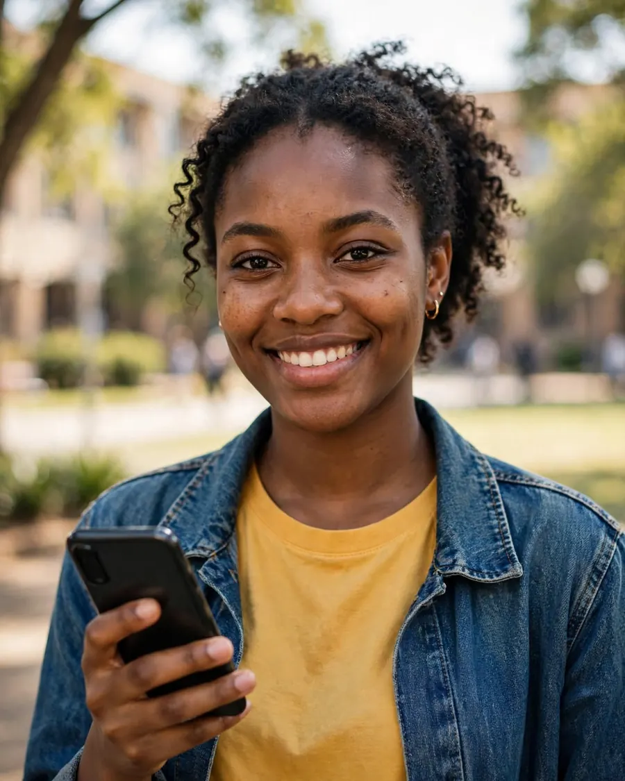 A smiling student holding her phone on campus