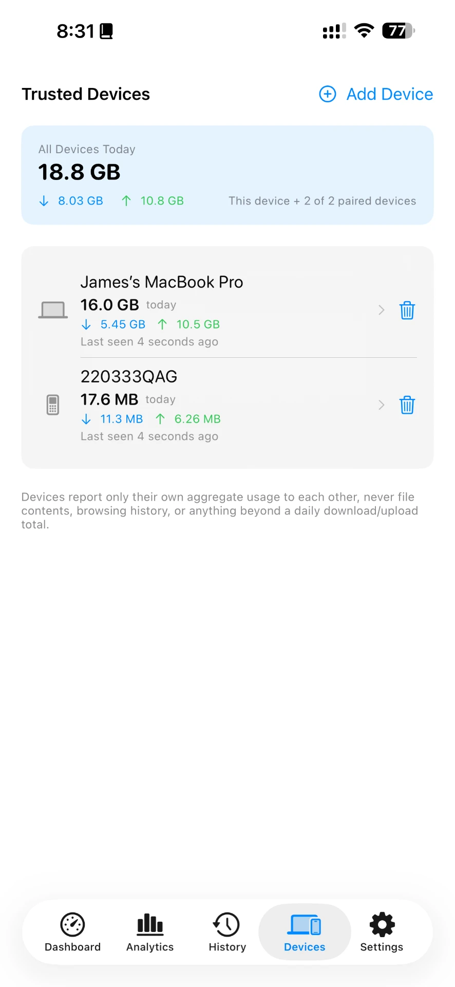 Dataly trusted devices screen listing a paired MacBook Pro and a paired phone with their daily usage