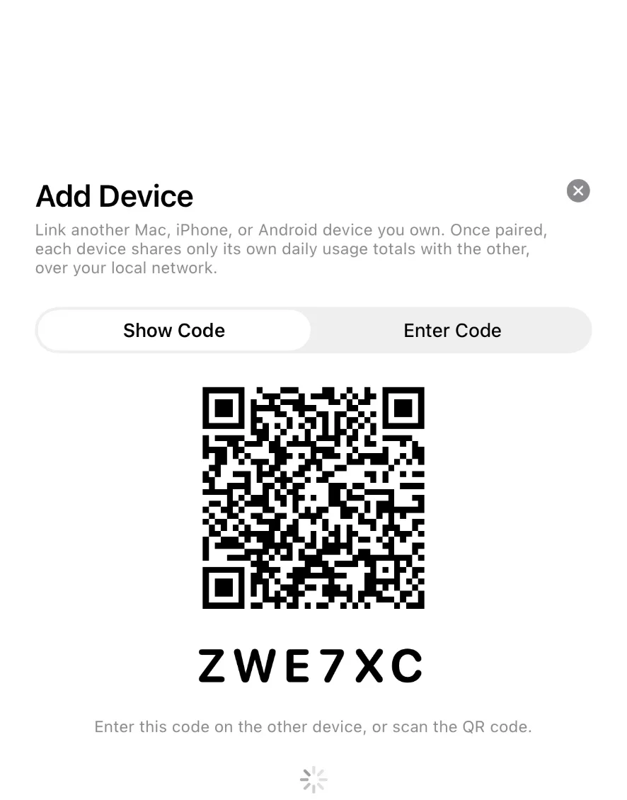 Dataly Add Device screen showing a QR code and the pairing code ZWE7XC